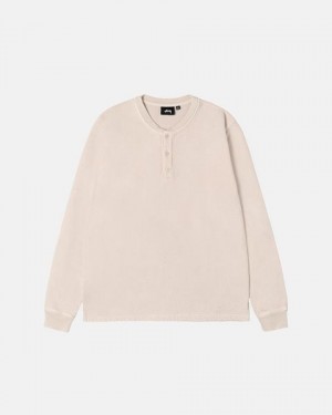 Beige Stussy Open Hem Henley Fleece Sweatshirts | 4517MNHQZ