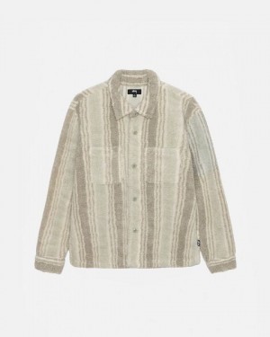 Beige Stussy Striped Sherpa Shirts | 8562YKUXH