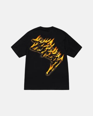 Black Stussy Burning Stock T Shirts | 2761WURCM