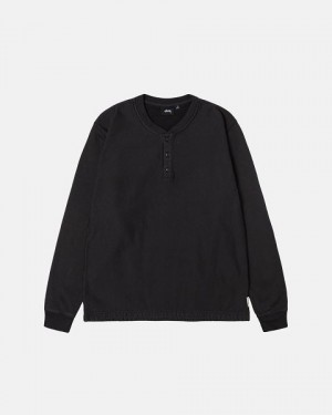 Black Stussy Open Hem Henley Fleece Sweatshirts | 5916UXEJW