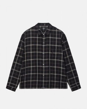 Black Stussy Shadow Plaid Rayon Shirts | 7082YDRPC