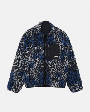 Blue Leopard Stussy Sherpa Reversible Jackets | 2084CKLPB