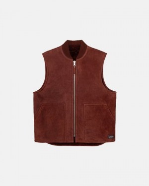 Burgundy Stussy Reversible Shearling Workgear Vest | 5798MEGTH