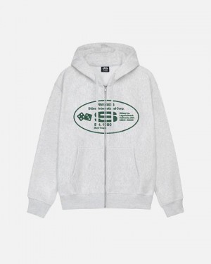 Grey Stussy Oval Corp. Zip Hoodie | 5039WNTRI