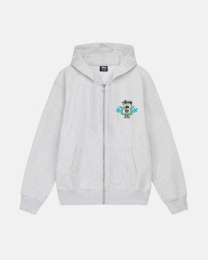 Grey Stussy Skull Crest Zip Hoodie | 6837WYHZV