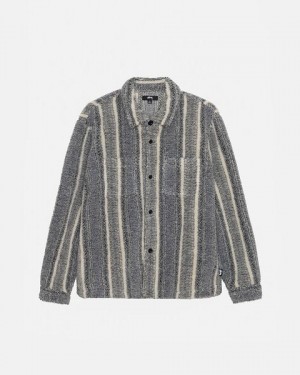 Grey Stussy Striped Sherpa Shirts | 8975AWMXB