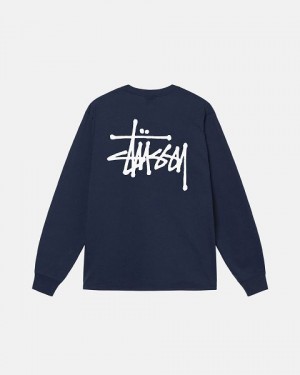 Navy Stussy Basic Ls Sweatshirts | 1360POHXW