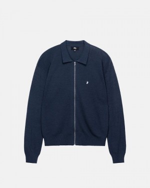 Navy Stussy Light Weight Ls Zip Polo Shirts | 8729GVCPB