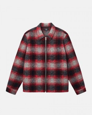 Red Stussy Brushed Wool Plaid Zip Shirts | 3782NXUHP