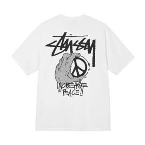 White / Black Stussy Peace Hand Pigment Dyed T Shirts | 8725XTRQD