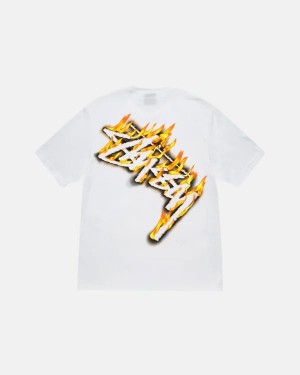 White / Gold / Black Stussy Burning Stock T Shirts | 3596OWVKM