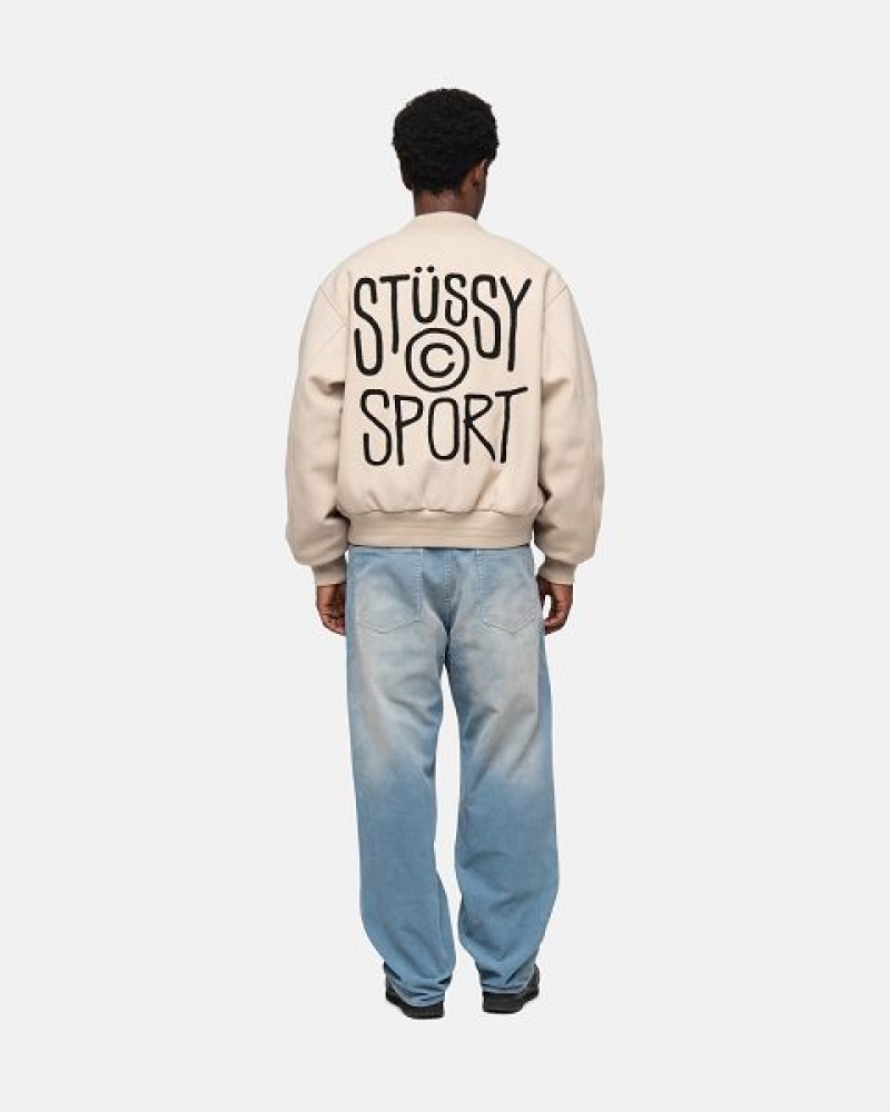 Beige Stussy Sport Melton Varsity Jackets | 3610ISHYT