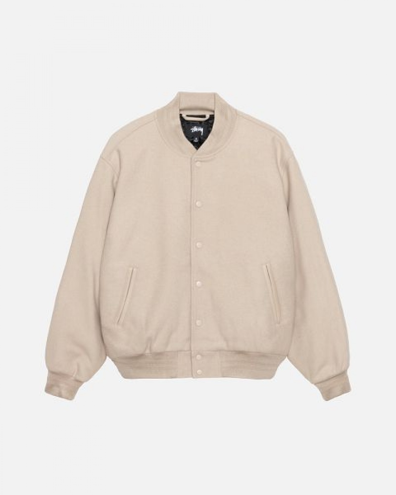 Beige Stussy Sport Melton Varsity Jackets | 3610ISHYT