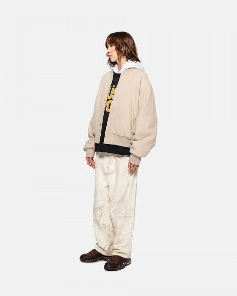 Beige Stussy Sport Melton Varsity Jackets | 3610ISHYT