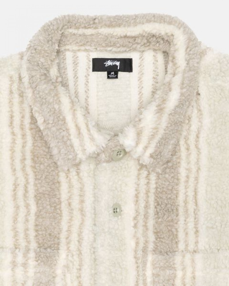 Beige Stussy Striped Sherpa Shirts | 8562YKUXH