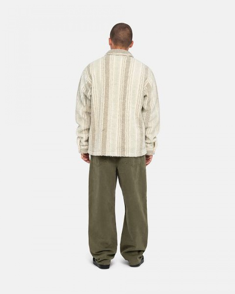 Beige Stussy Striped Sherpa Shirts | 8562YKUXH