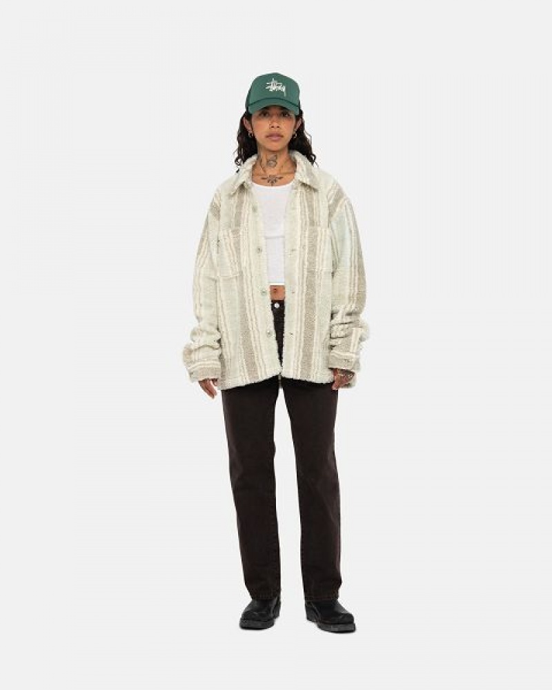 Beige Stussy Striped Sherpa Shirts | 8562YKUXH