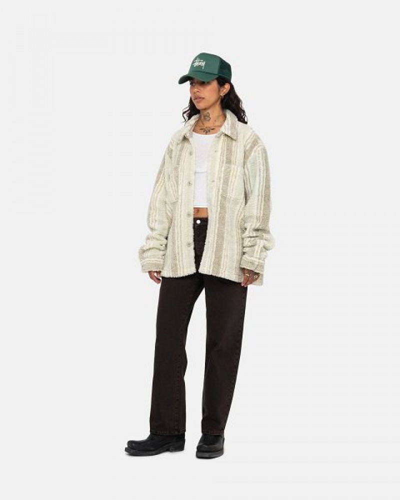 Beige Stussy Striped Sherpa Shirts | 8562YKUXH