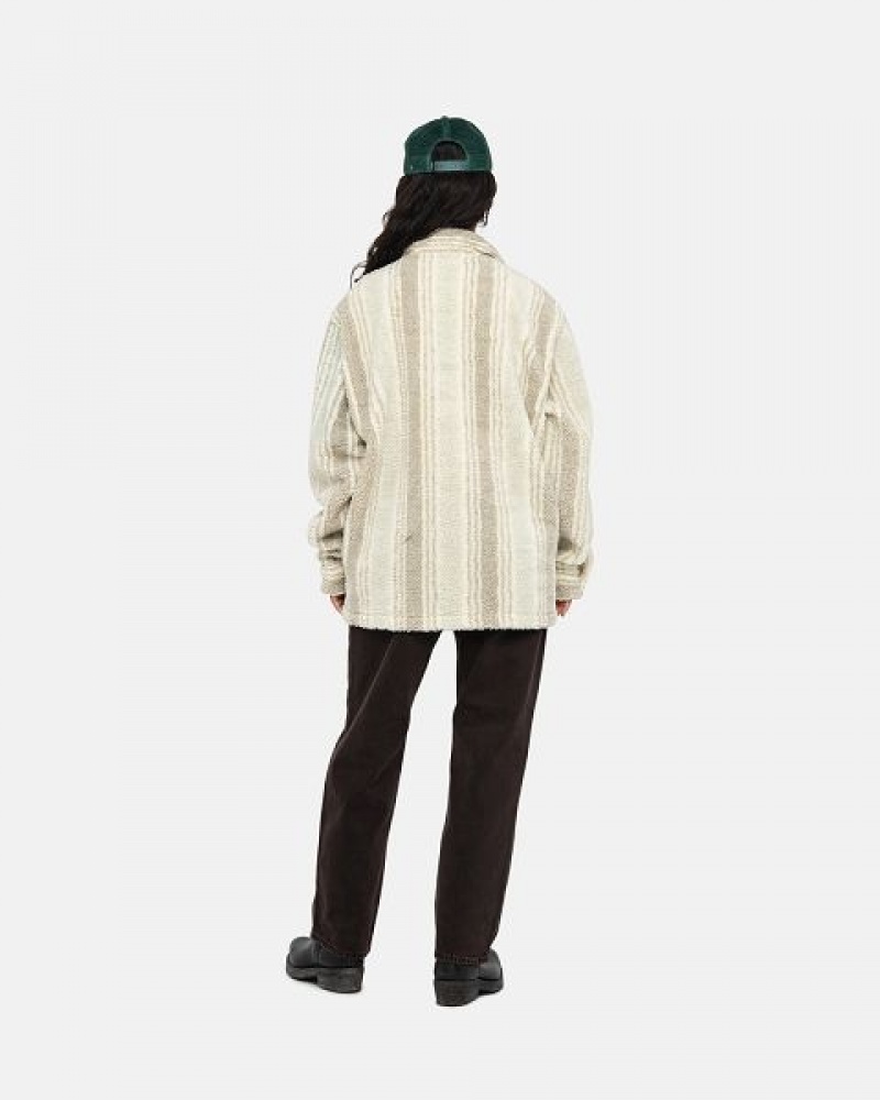 Beige Stussy Striped Sherpa Shirts | 8562YKUXH