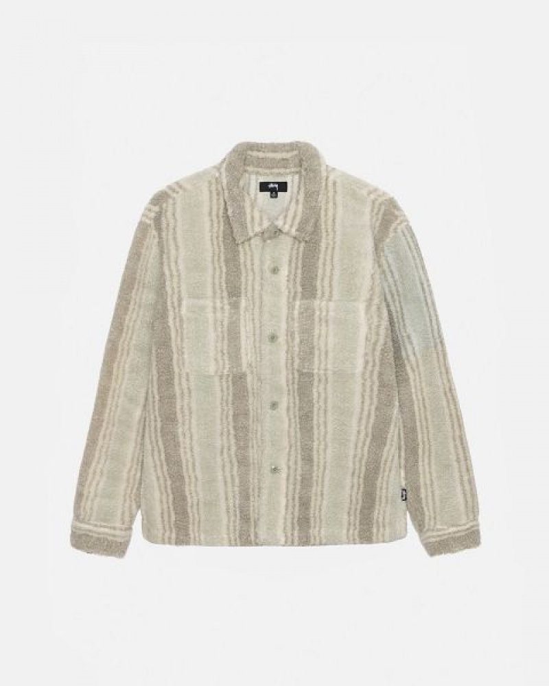 Beige Stussy Striped Sherpa Shirts | 8562YKUXH