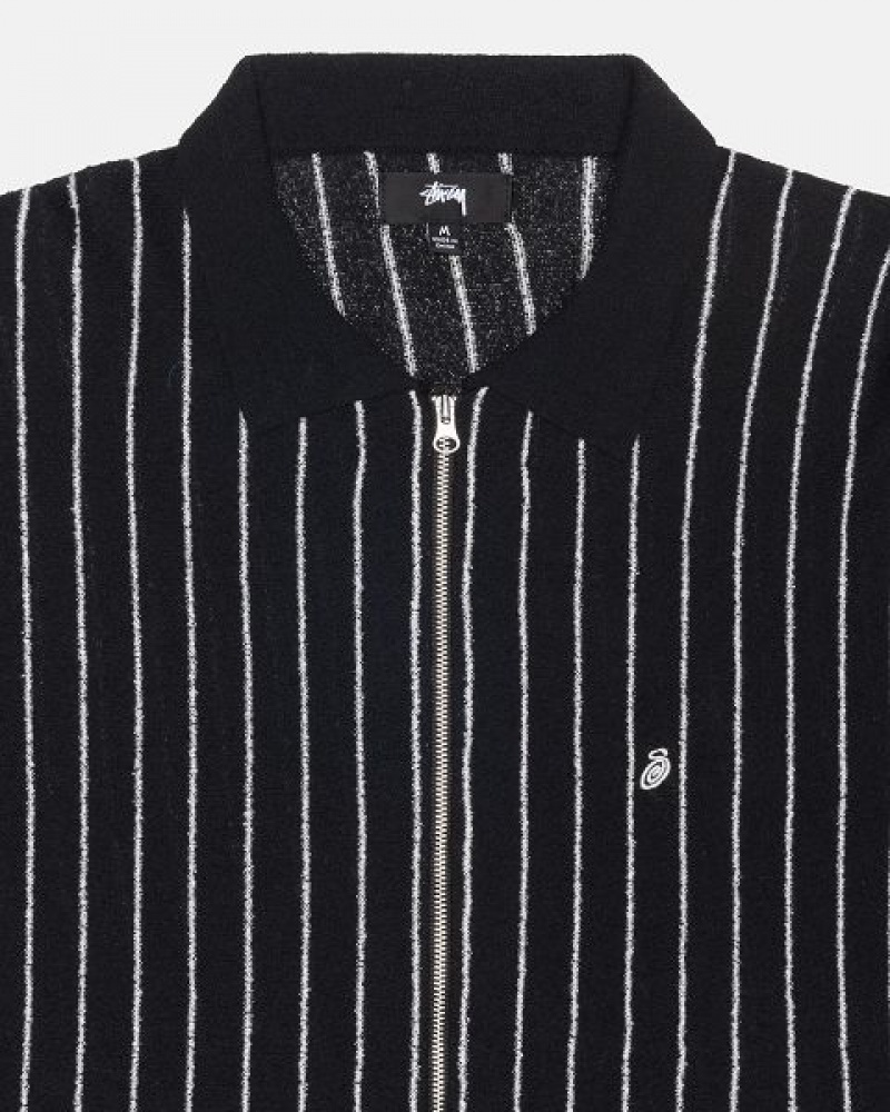 Black Stripes Stussy Light Weight Ls Zip Polo Shirts | 3510TXRGW