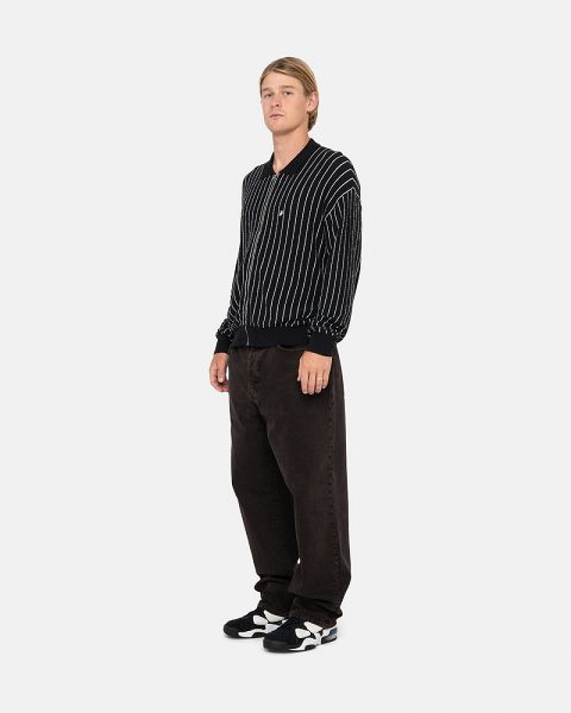 Black Stripes Stussy Light Weight Ls Zip Polo Shirts | 3510TXRGW