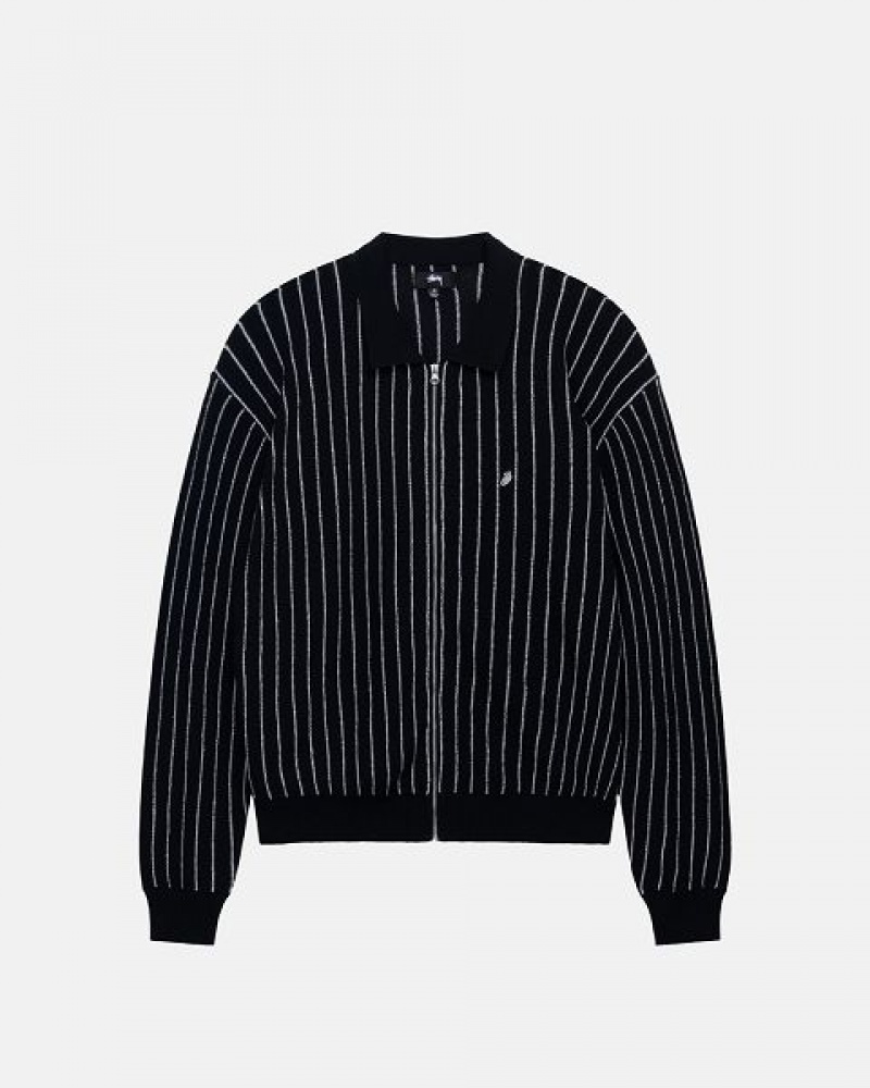 Black Stripes Stussy Light Weight Ls Zip Polo Shirts | 3510TXRGW