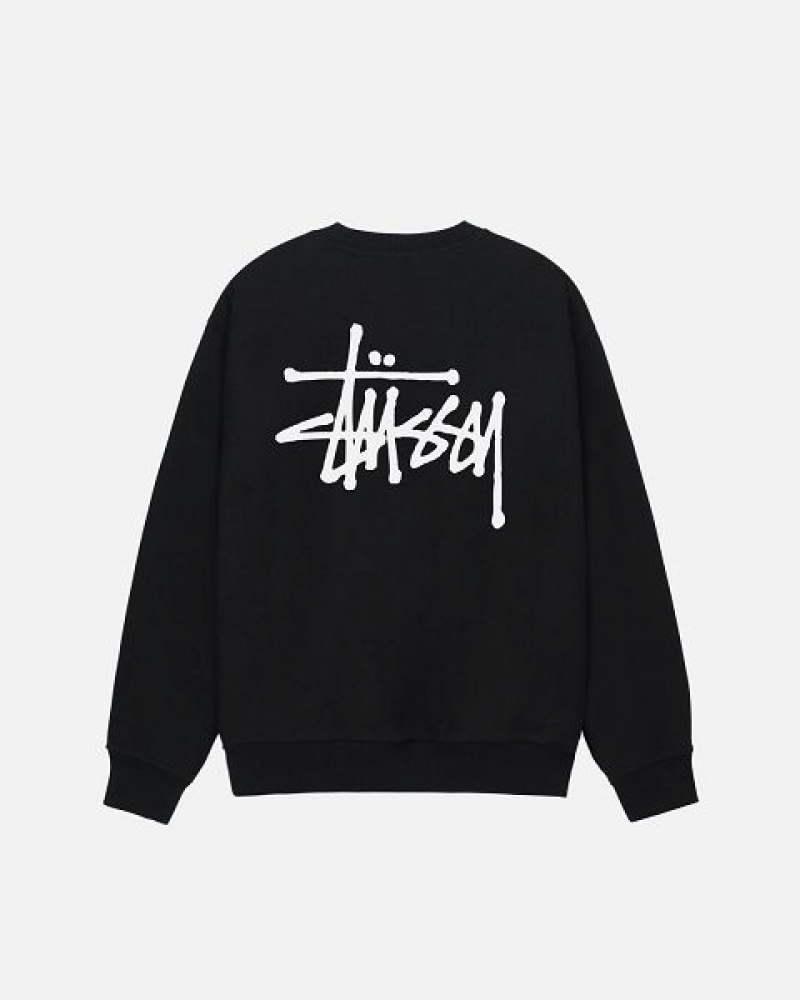 Black Stussy Basic Crew Sweatshirts | 7315RKFCO