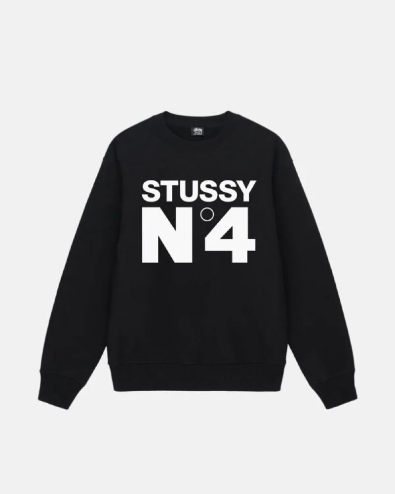 Black / White Stussy No.4 Crew Sweatshirts | 6509VPMNI