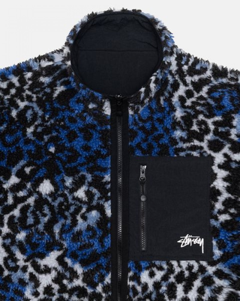 Blue Leopard Stussy Sherpa Reversible Jackets | 2084CKLPB