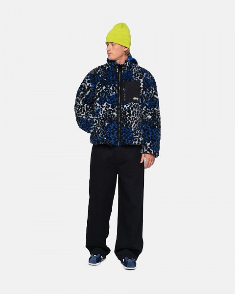 Blue Leopard Stussy Sherpa Reversible Jackets | 2084CKLPB