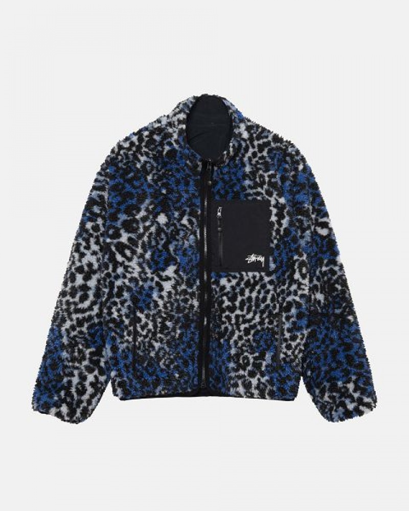 Blue Leopard Stussy Sherpa Reversible Jackets | 2084CKLPB