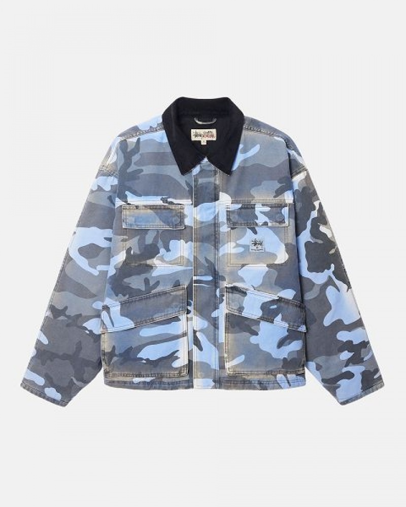 Blue / Camo Stussy Camo Print Canvas Shop Jackets | 6091MYPCN