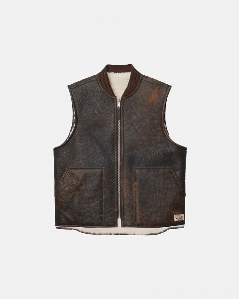 Brown Stussy Reversible Shearling Workgear Vest | 1784CLKWH