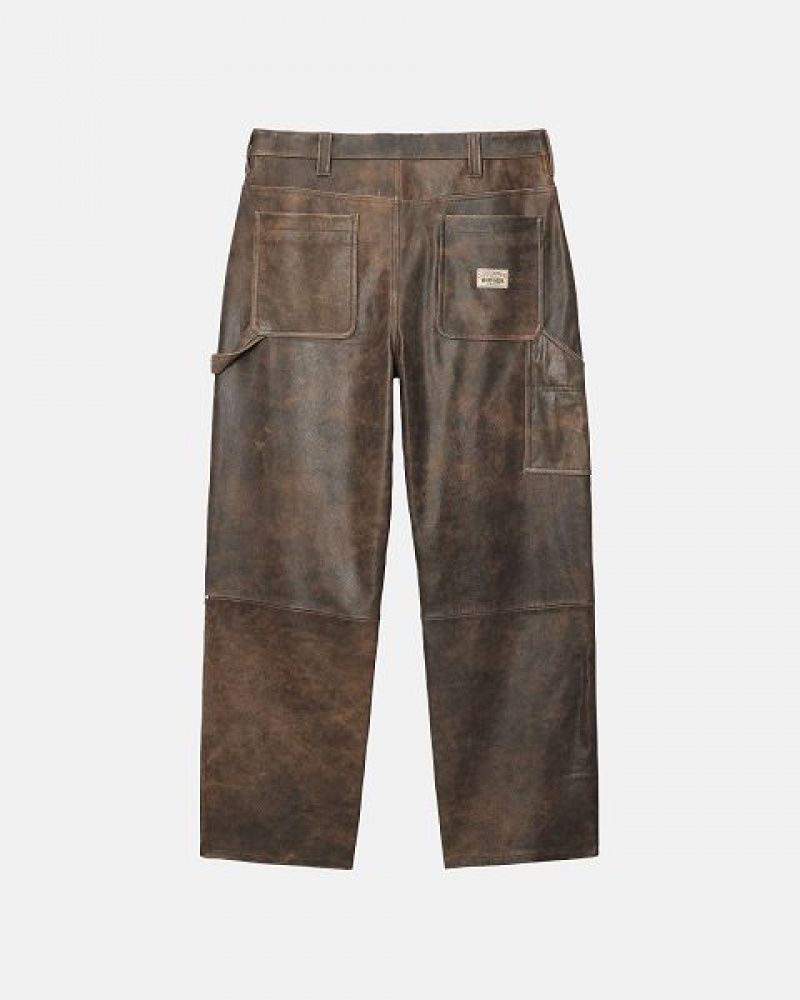 Brown Stussy Work Distressed Leather Pants | 4526RTESZ