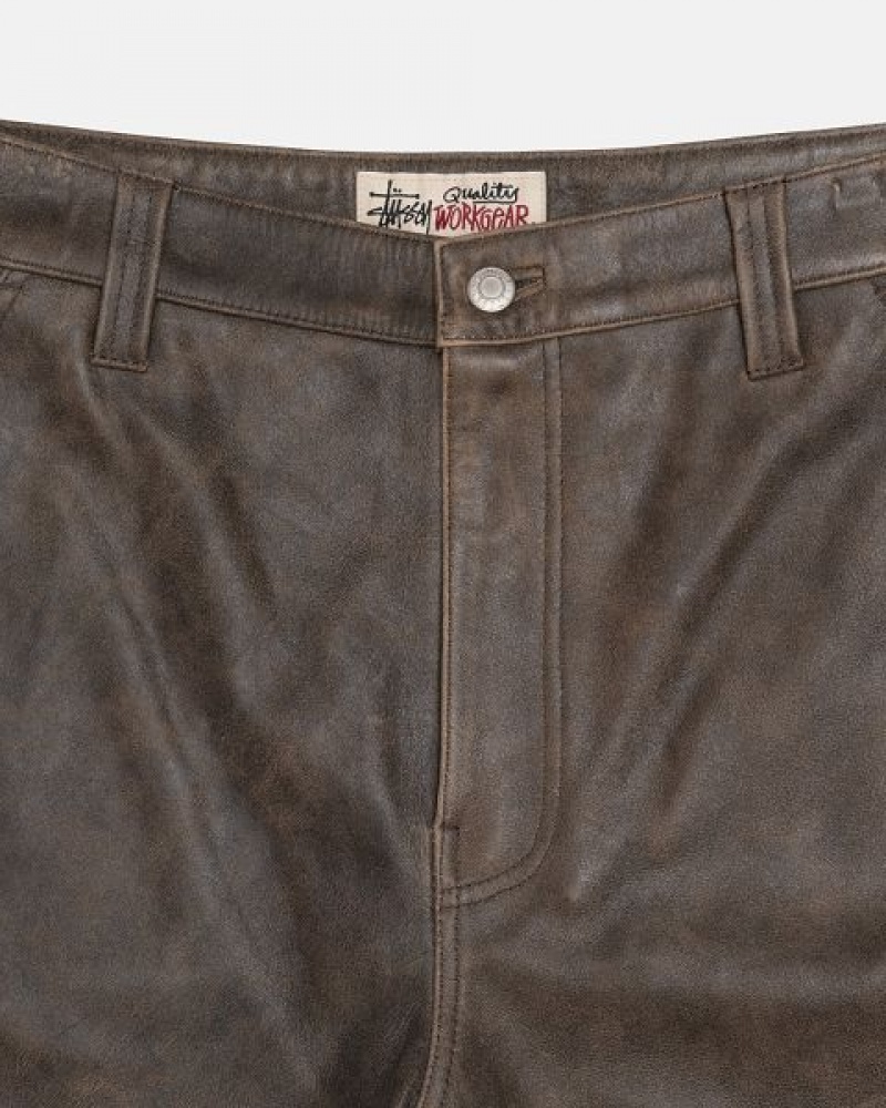 Brown Stussy Work Distressed Leather Pants | 4526RTESZ