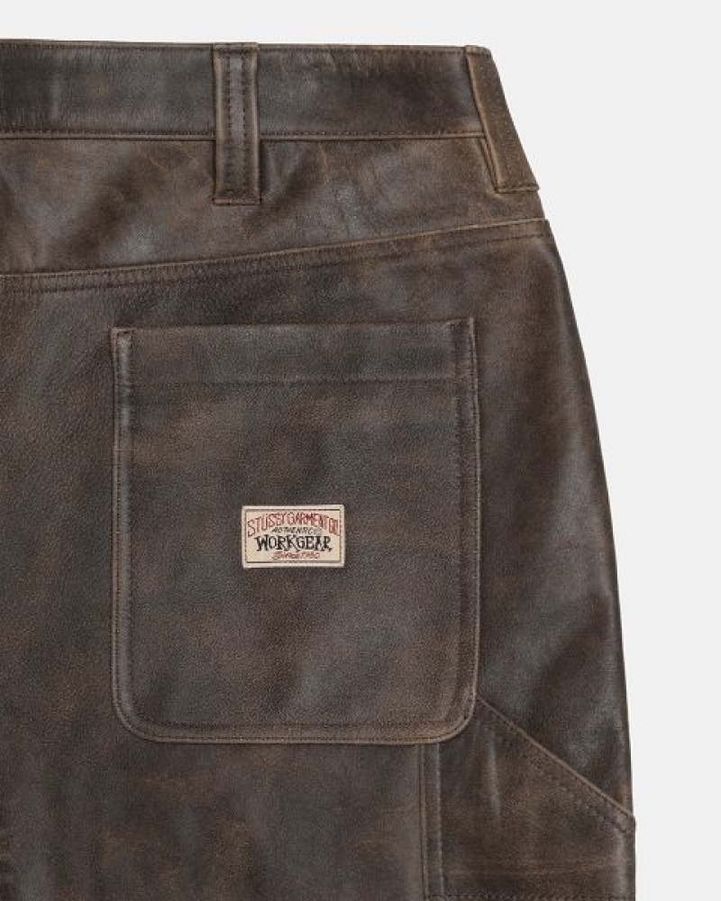 Brown Stussy Work Distressed Leather Pants | 4526RTESZ