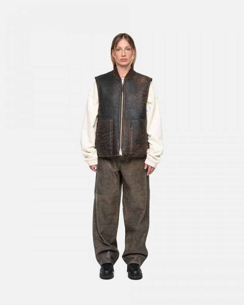 Brown Stussy Work Distressed Leather Pants | 4526RTESZ