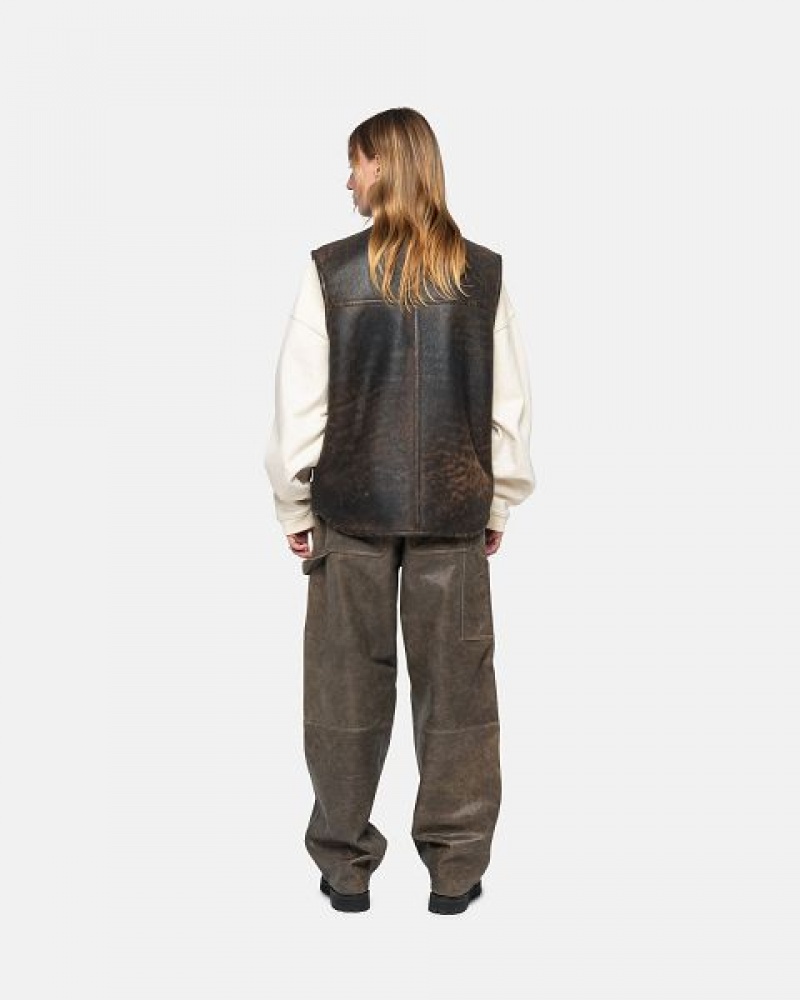 Brown Stussy Work Distressed Leather Pants | 4526RTESZ