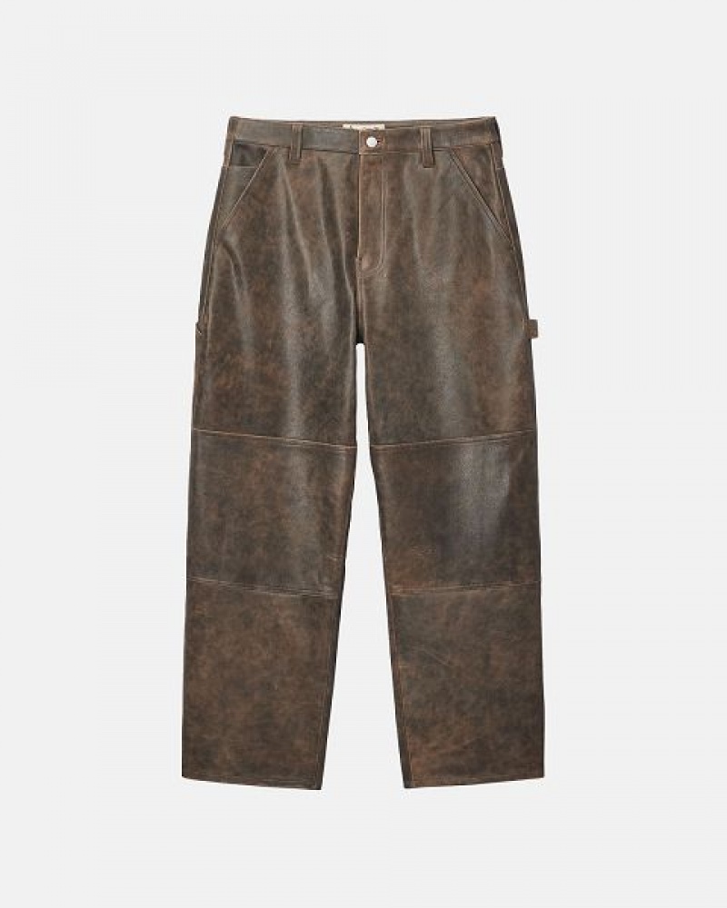 Brown Stussy Work Distressed Leather Pants | 4526RTESZ