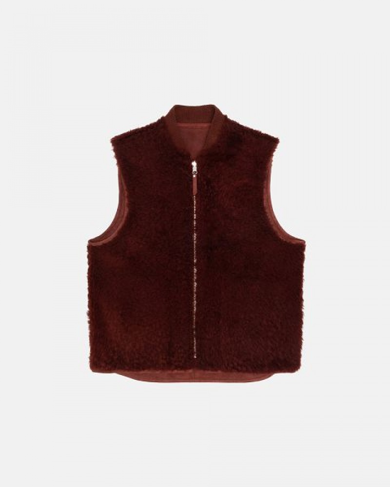 Burgundy Stussy Reversible Shearling Workgear Vest | 5798MEGTH