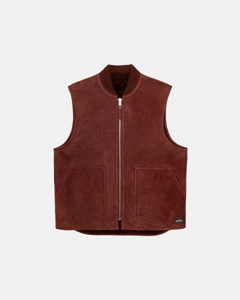 Burgundy Stussy Reversible Shearling Workgear Vest | 5798MEGTH