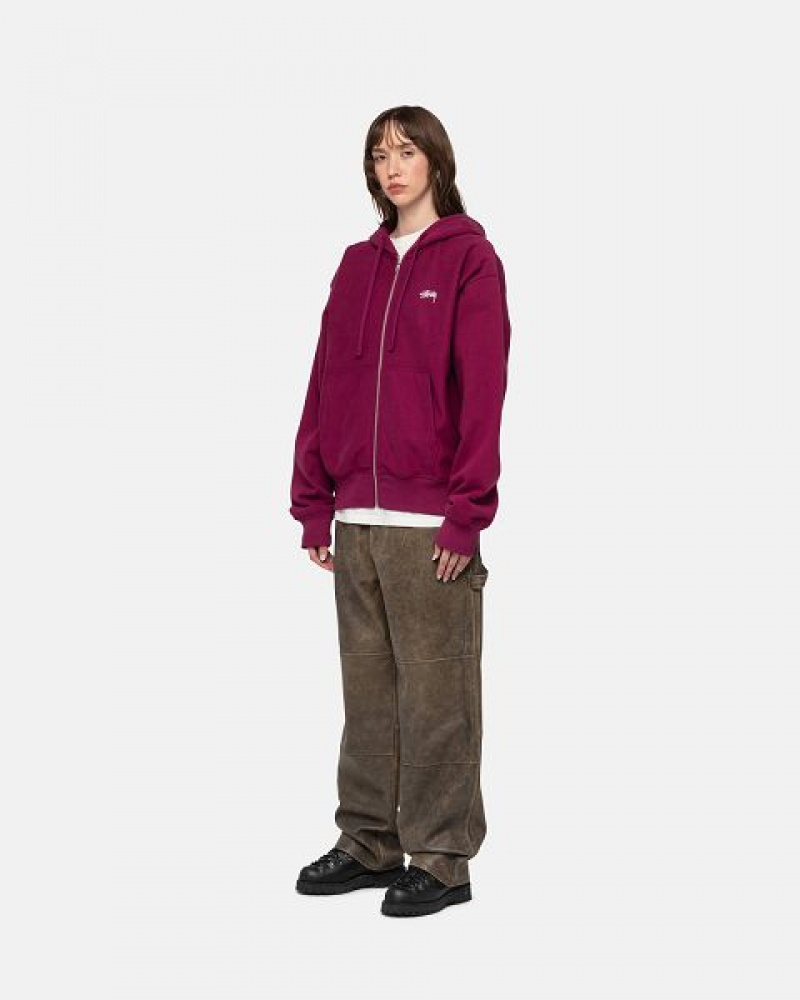 Burgundy Stussy Stock Logo Zip Hoodie | 6304IOWCF