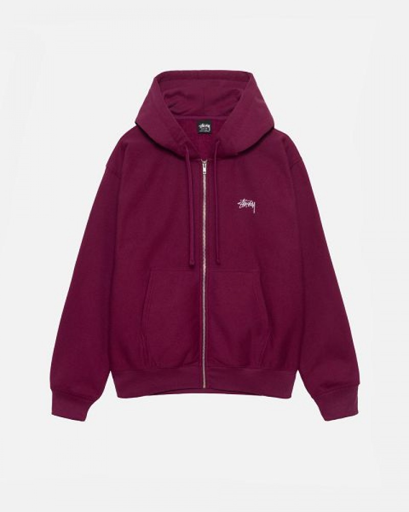 Burgundy Stussy Stock Logo Zip Hoodie | 6304IOWCF