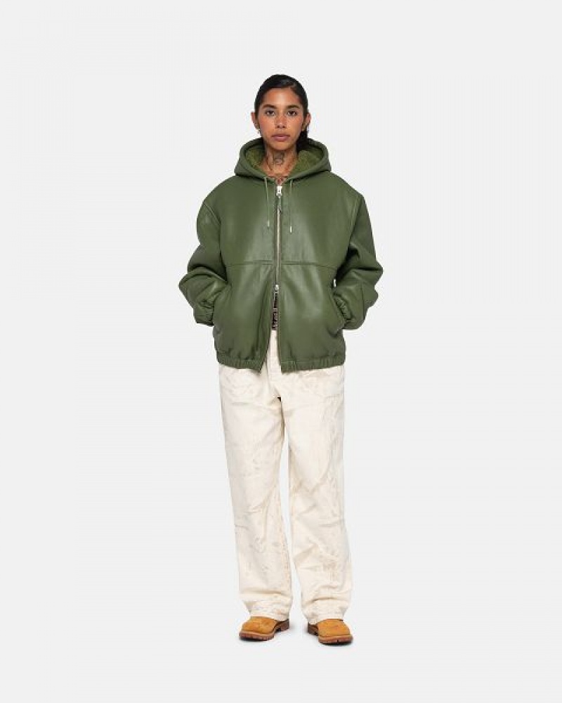 Green Stussy Work Jacket Shearling Denim Jackets | 7813KYUMC