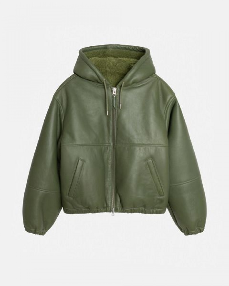 Green Stussy Work Jacket Shearling Denim Jackets | 7813KYUMC