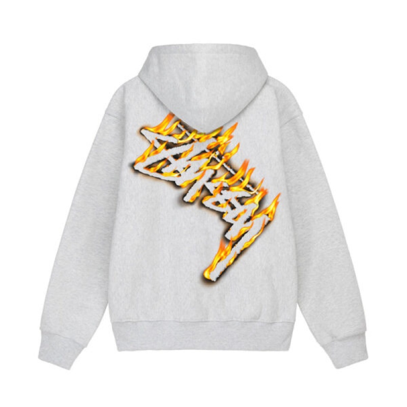 Grey Stussy Burning Stock Zip Hoodie | 5943GYWZN