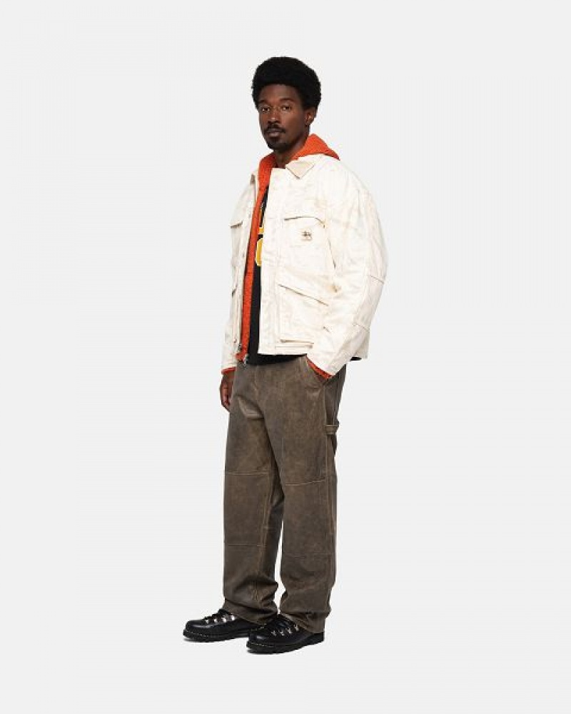 Khaki Stussy Distressed Canvas Shop Jackets | 5679SNMJZ