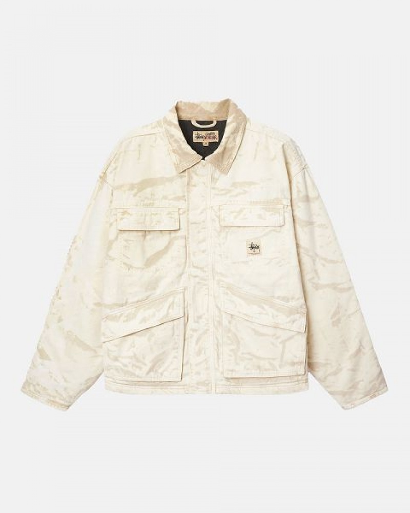 Khaki Stussy Distressed Canvas Shop Jackets | 5679SNMJZ