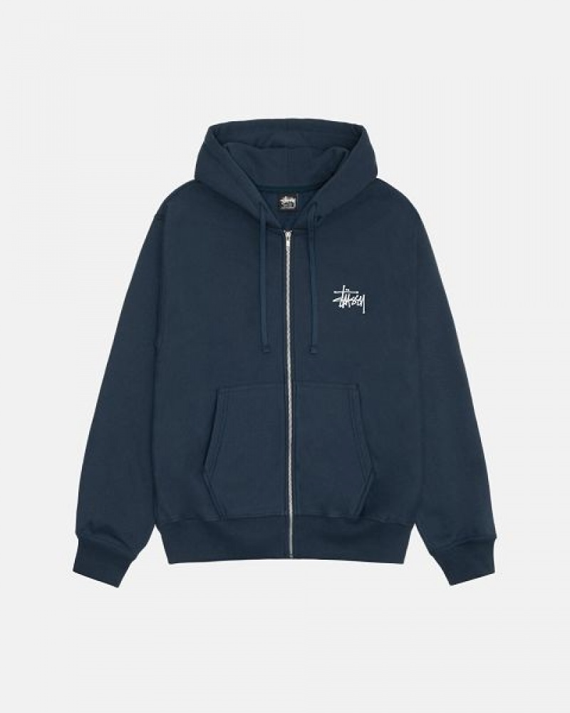 Navy Stussy Basic Zip Hoodie | 7382PYKOB